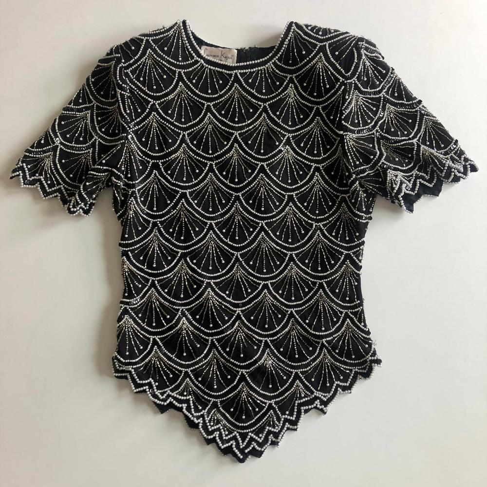 Vintage Laurence Kazar Beaded Blouse, Black Disco Top, Size M